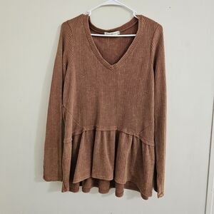 Women's Brown V-Neck Peplum Top